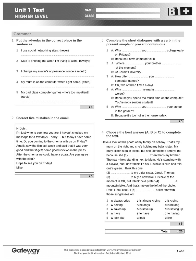 Gateway B1+ Unit 1 Test Practice | PDF