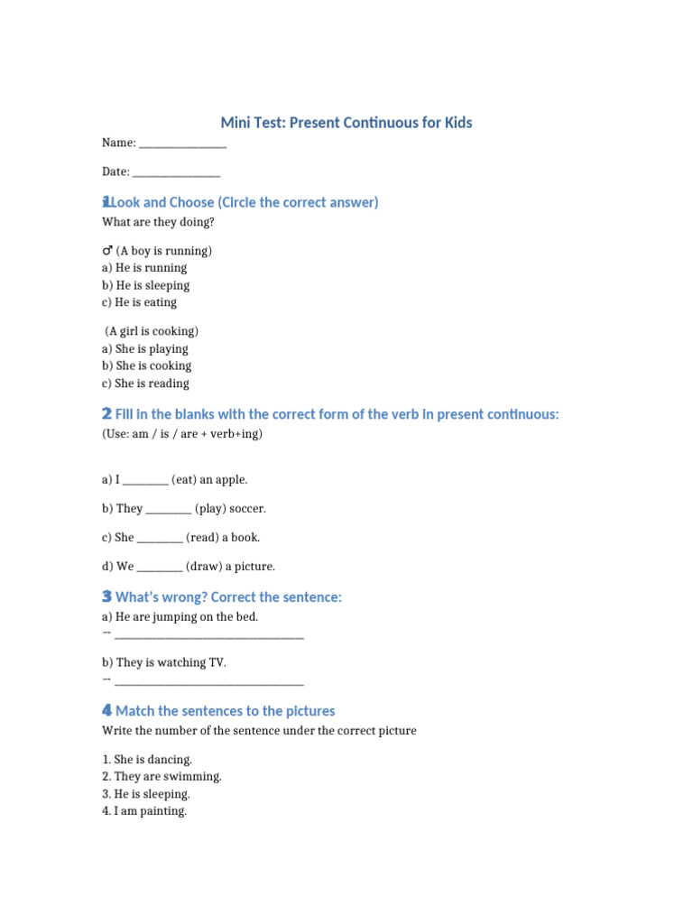 Present Continuous Mini Test for Kids | PDF