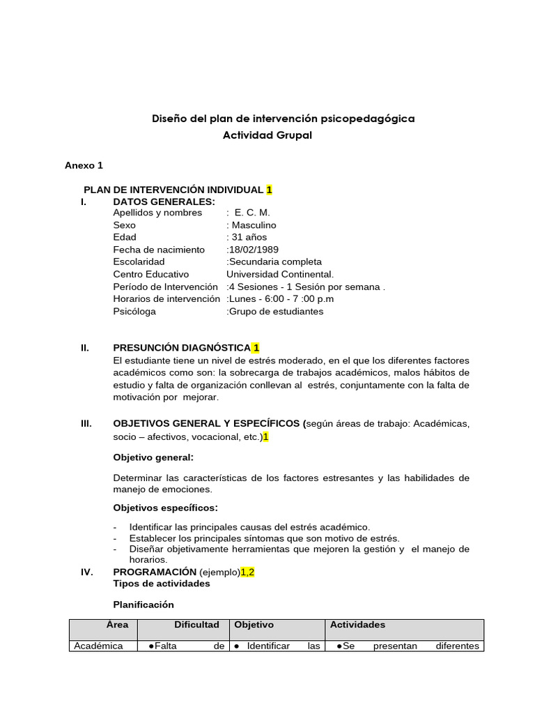 Plan de Intervención Psicopedagógica | PDF | Estrés (biología) | Ansiedad