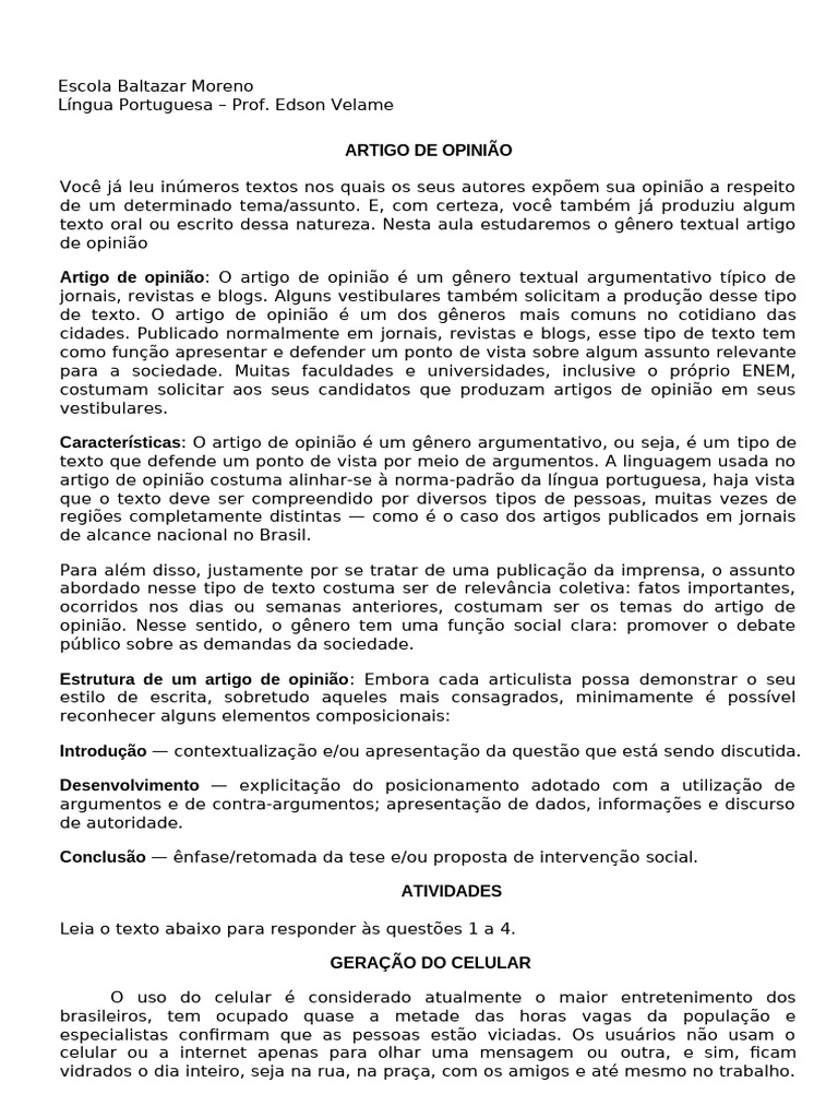 Estrutura e Atividades de Artigo de Opinião | PDF | Celulares | Gênero