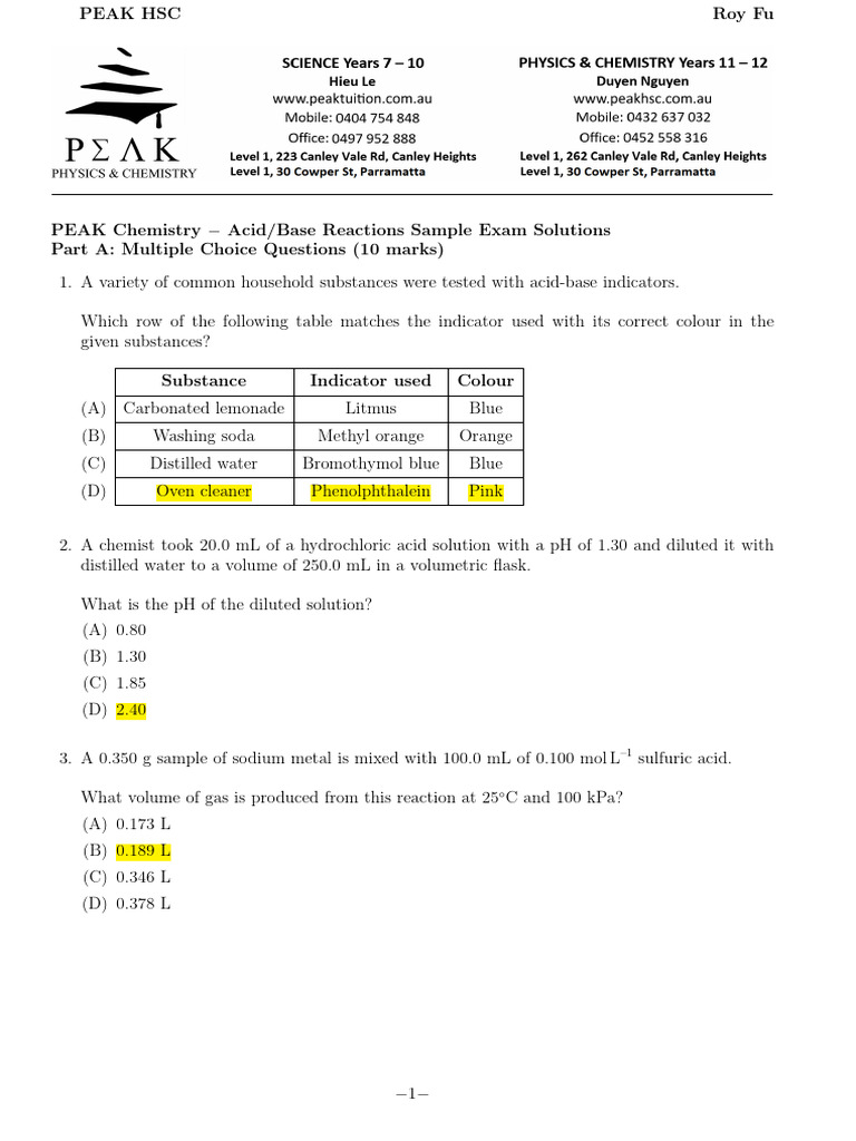 Acid-Base Reactions Exam Solutions | PDF | Acid | Buffer Solution