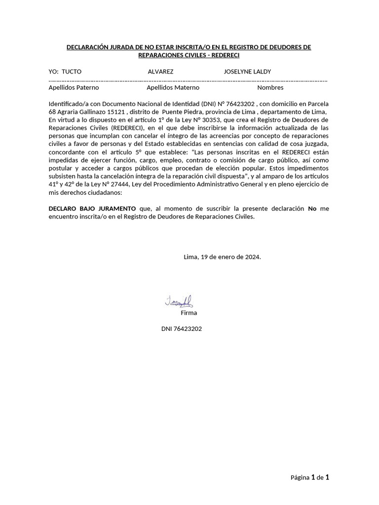 Declaración Jurada de No Inscripción en REDERECI | PDF