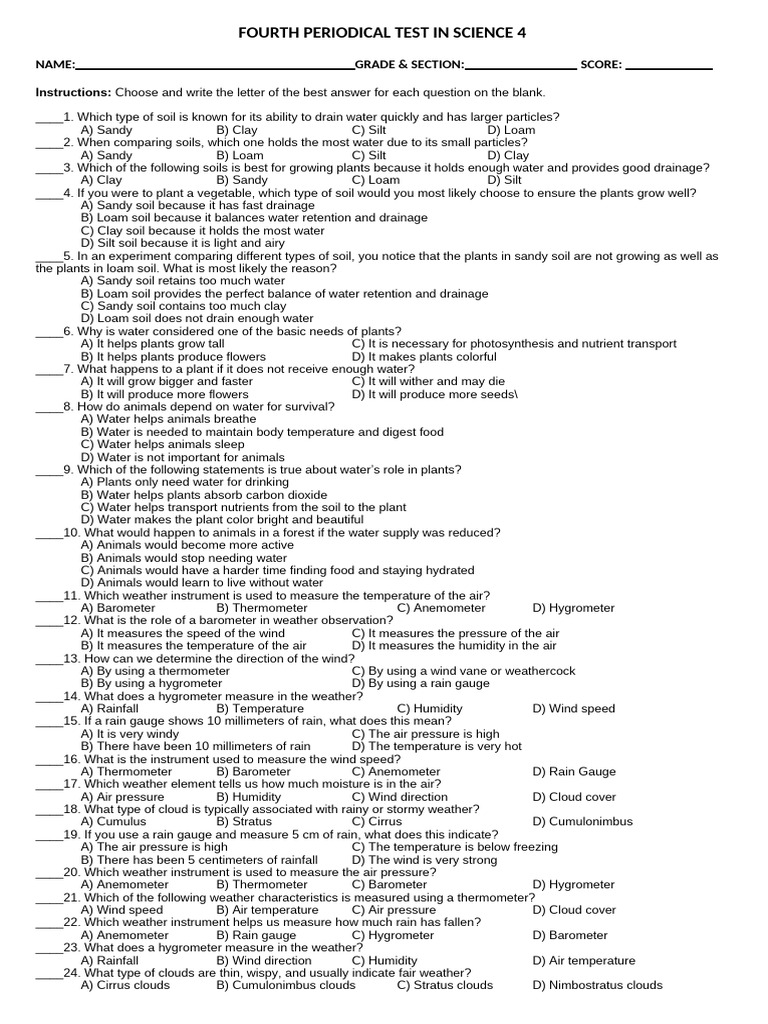 Science 4 Periodical Test Questions | PDF | Cloud | Loam