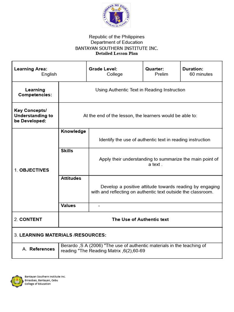 Using Authentic Text in Reading Instruction | PDF | Learning | Lesson Plan