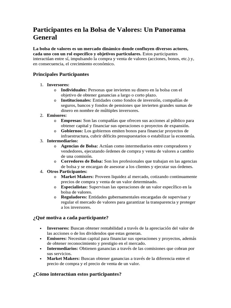 Participantes en La Bolsa de Valores | PDF | Bolsa | Inversiones