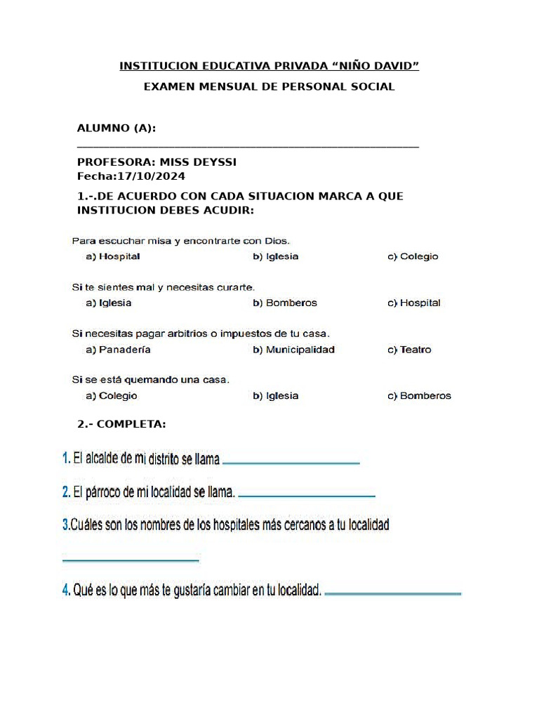 Examen Mensual de Personal Social | PDF