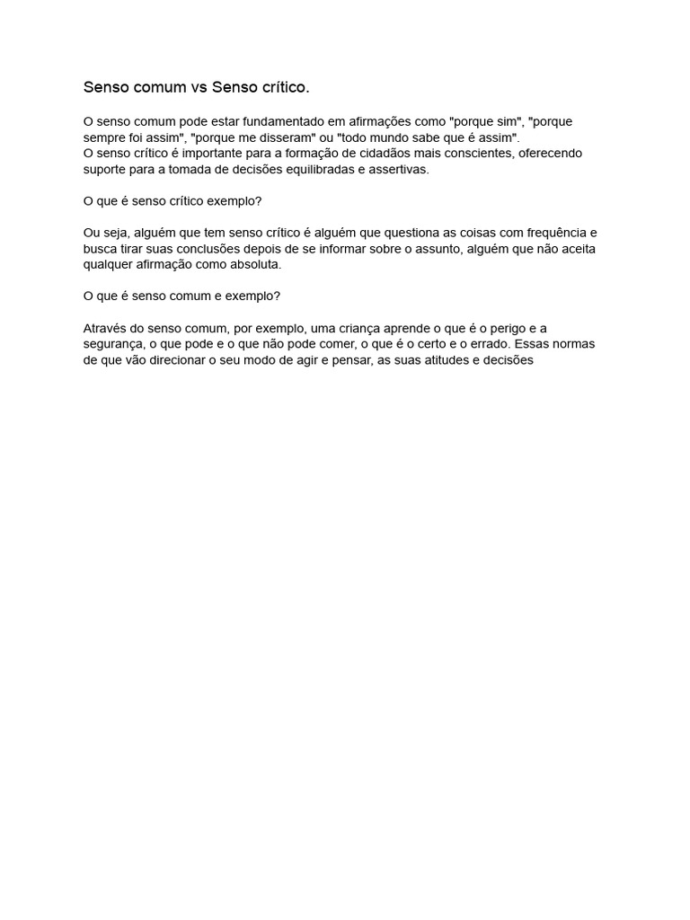 Senso Comum vs Senso Crítico: Diferenças | PDF