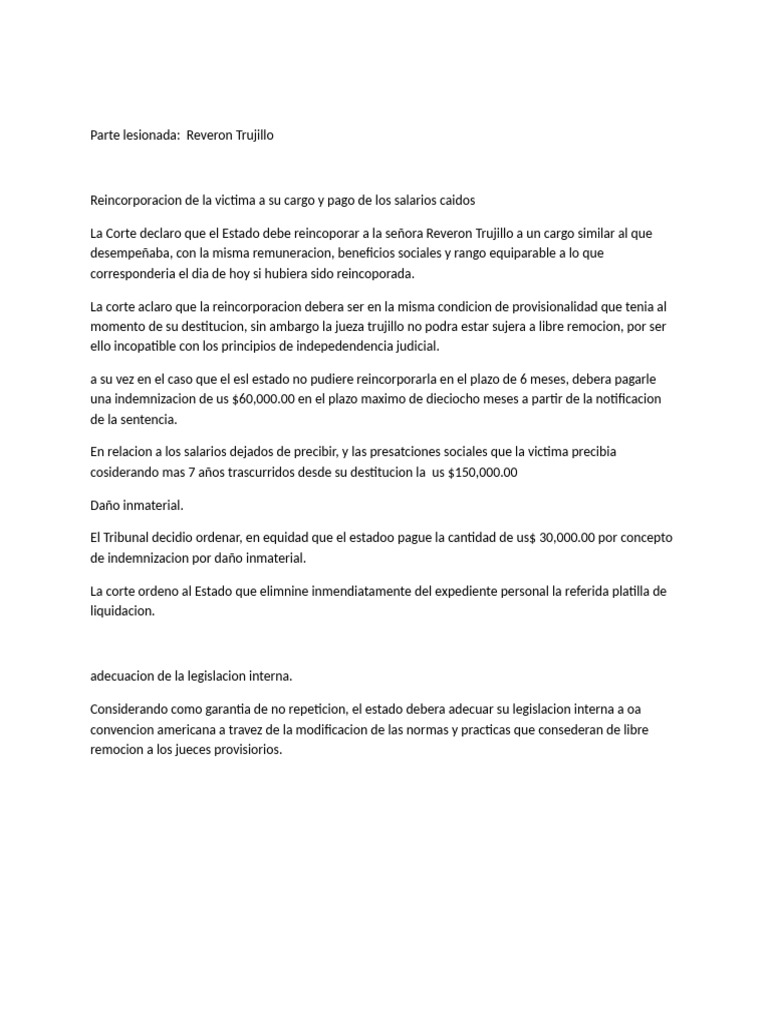 Reincorporación y compensación a Reveron Trujillo | PDF