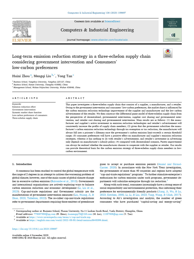 Long-Term Emission Reduction Strategy in A Three-Echelon Supply Chain ...
