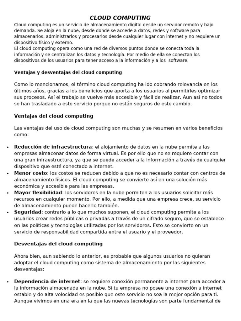 Ventajas y desventajas del Cloud Computing | PDF | Computación en la ...