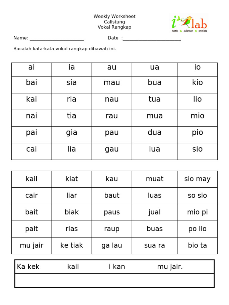 Worksheet Vokal Rangkap Calistung | PDF