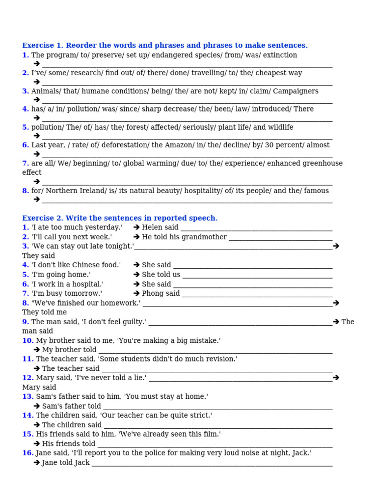 Sentence Reordering and Reported Speech Exercises | PDF | Nature ...
