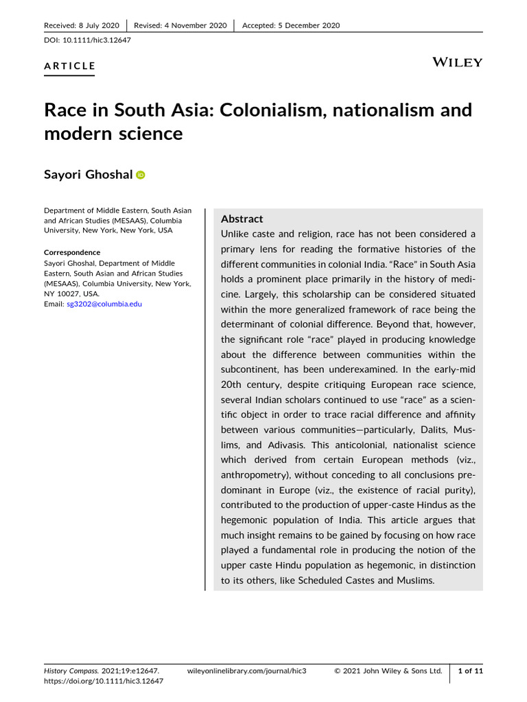 Race, Colonialism, and Nationalism in India | PDF | Race (Human ...