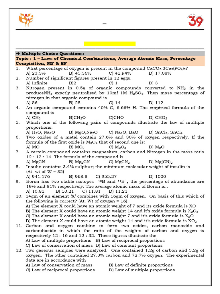 Stoichiometry - Chemistry - NEET Work Sheet | PDF | Mole (Unit) | Redox