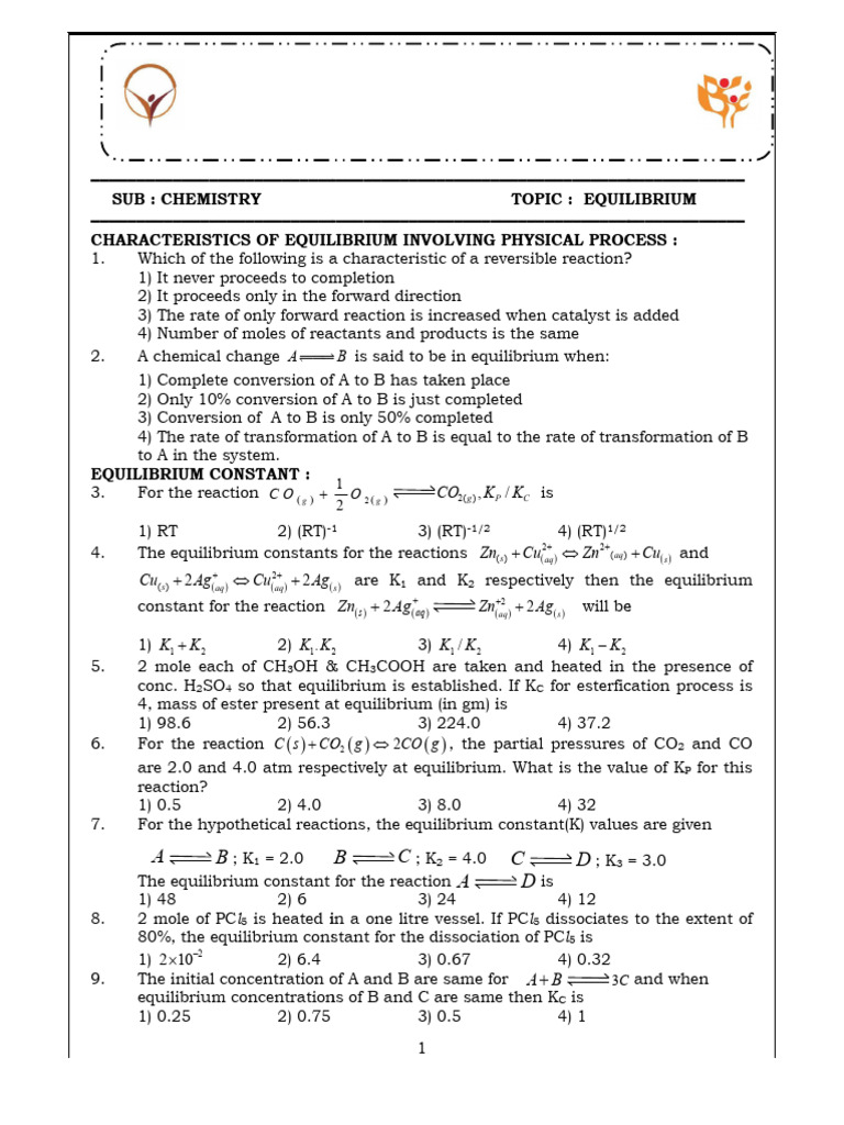JEE Chemistry Equilibrium Practice Questions | PDF | Acid | Chemical ...