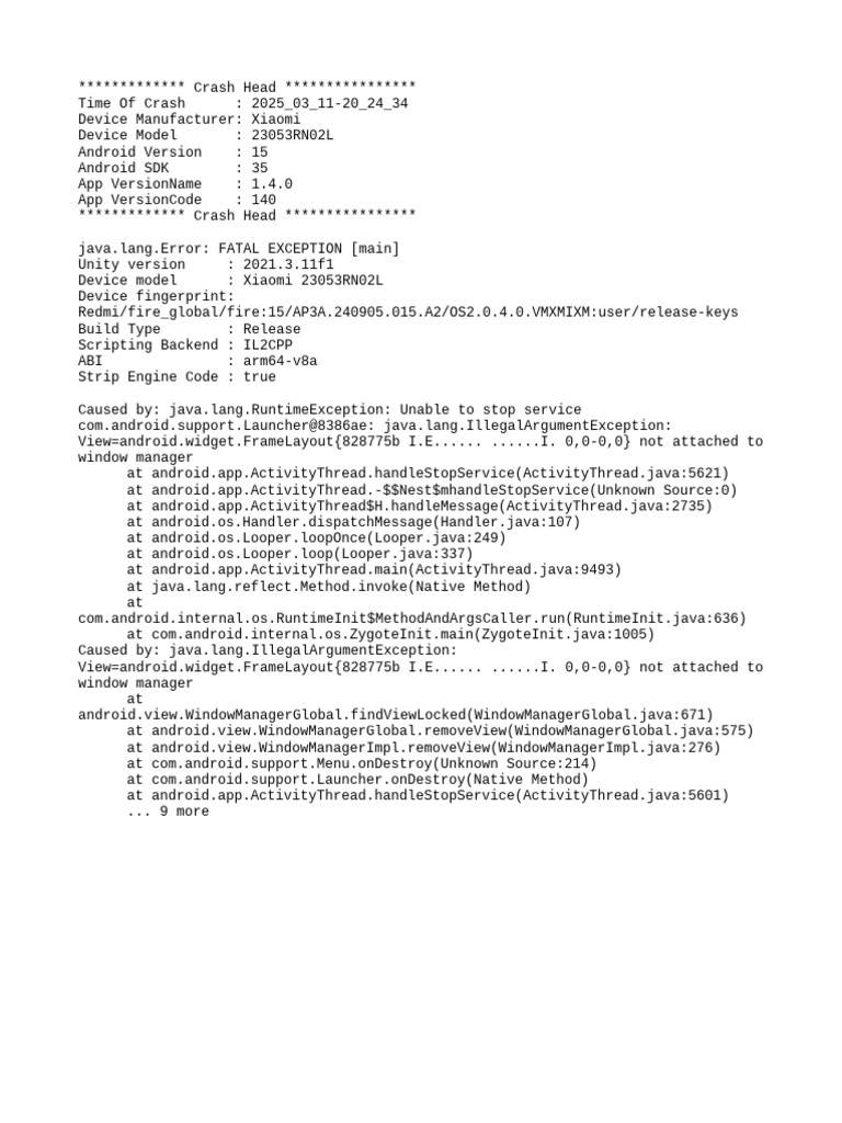 Xiaomi Crash Report: Unity Error 2025 | PDF