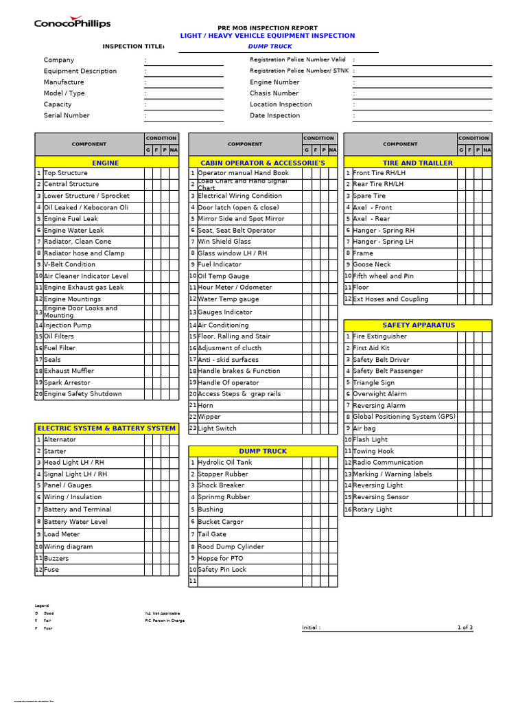 Dump Truck Pre-Mob Inspection Report | PDF | Steering | Brake