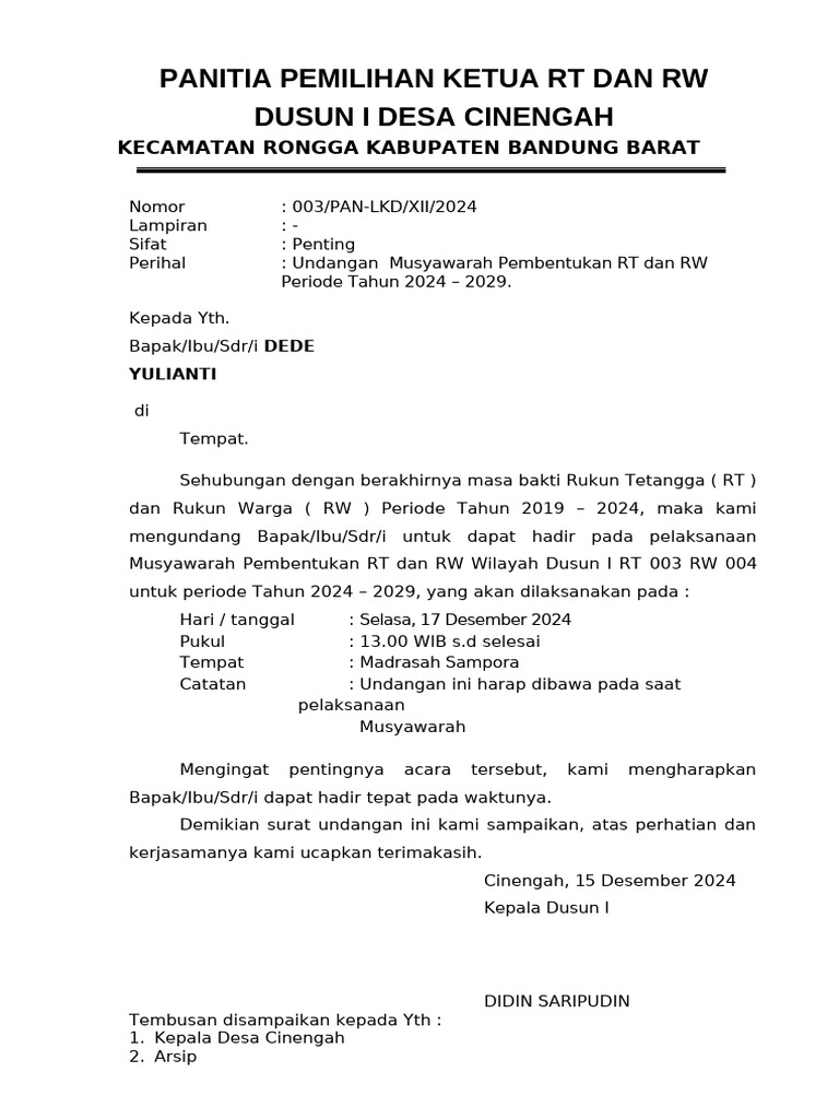 Undangan Musyawarah Pembentukan RT/RW | PDF