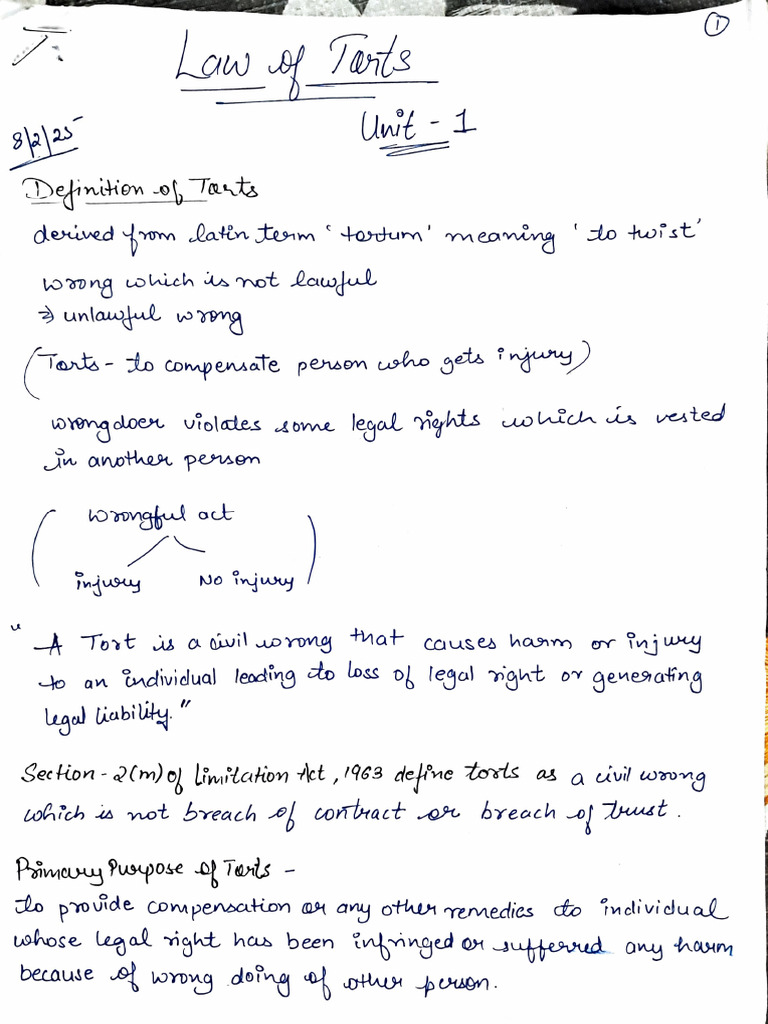Torts Mid Sem Notes | PDF