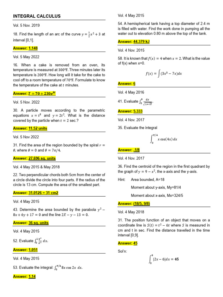 Integral Calculus Problems and Solutions | PDF | Area | Geometry