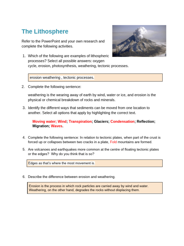 3.2 The Lithosphere WORKSHEET | PDF | Plate Tectonics | Volcano