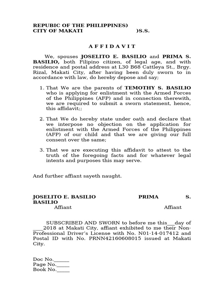 Affidavit of Consent for AFP Enlistment | PDF