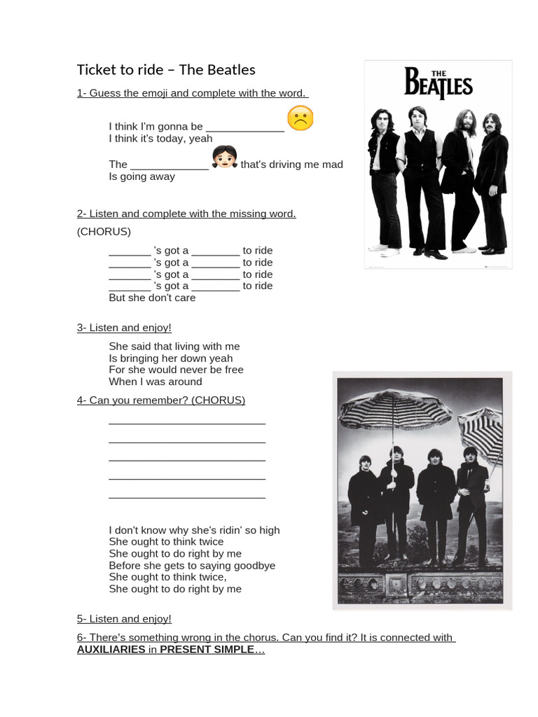Ticket to Ride Lyrics Activity | PDF