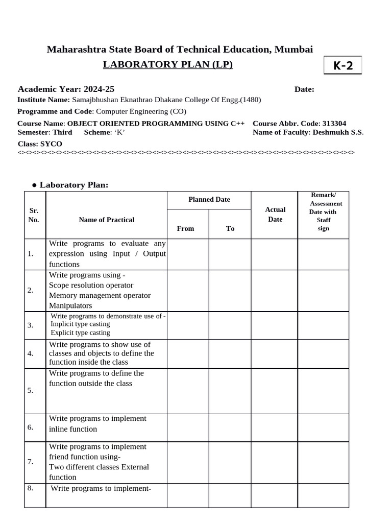C++ Laboratory Plan for SYCO 2024-25 | PDF | Class (Computer ...