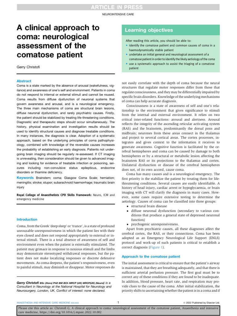 A Clinical Approach To Coma Neurological Assess - 2022 - Anaesthesia ...