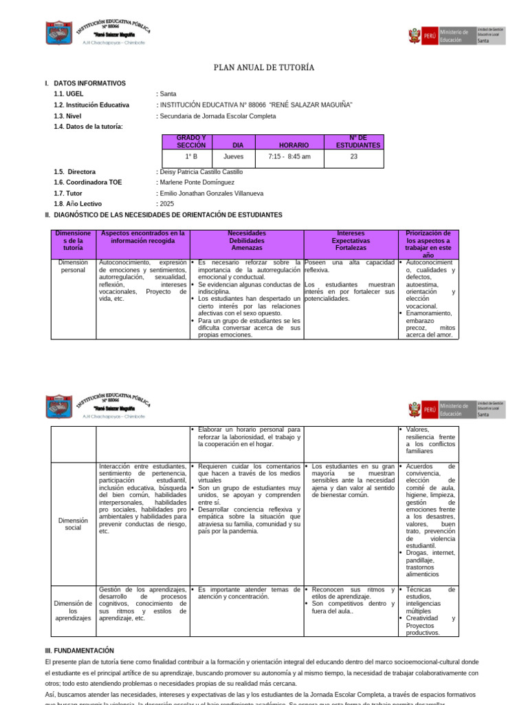 Plan Anual de Tutoría 2025 | PDF | Aprendizaje | Las emociones