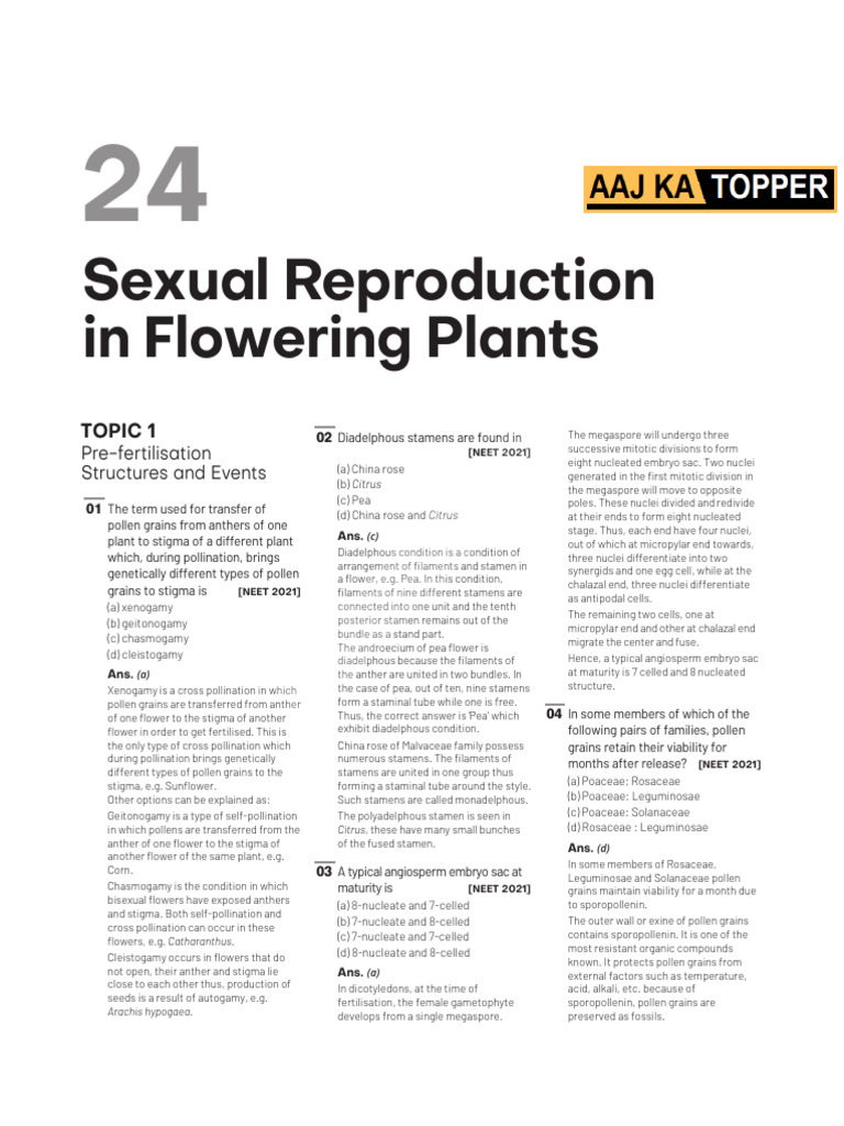 Plant Reproduction Last Year Neet Questions | PDF | Flowers | Pollen