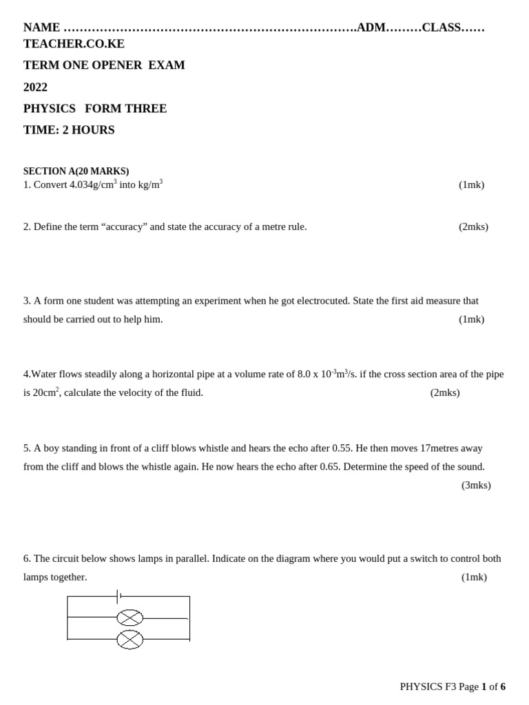 Physics Form Three Term One Exam 2022 | PDF | Waves | Polarization (Waves)