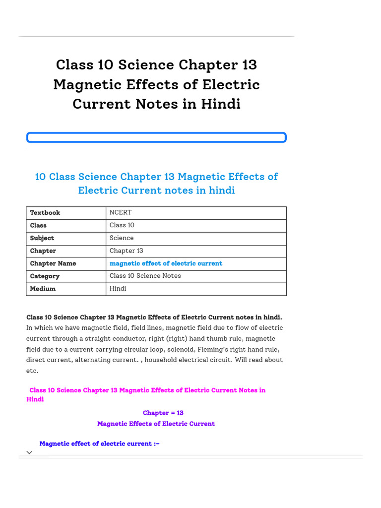 Class 10 Science Chapter 13 Magnetic Effects of Electric Current Notes ...