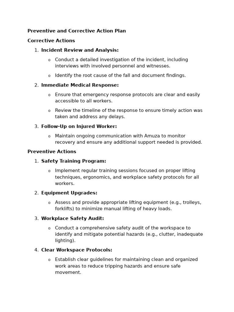 Preventive and Corrective Action Plan | PDF | Occupational Safety And ...