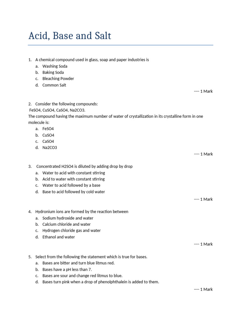 Acid, Base and Salt - Question Paper | PDF | Acid | Sodium Carbonate