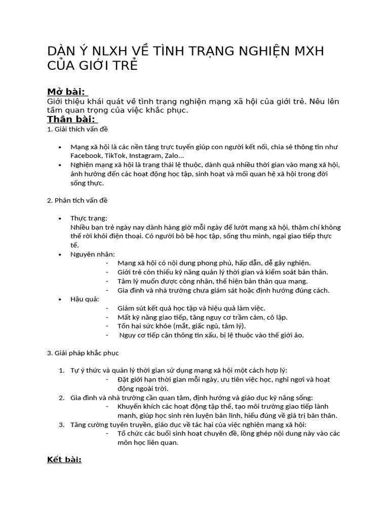 Dàn Ý - NGLX - Nghiện MXH - CHKII - 9 | PDF