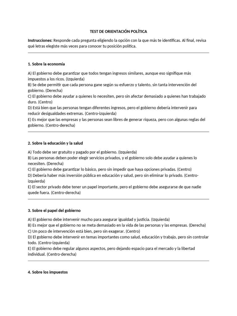Test de Orientación Política 2025 | PDF | Gobierno | Política del ala ...