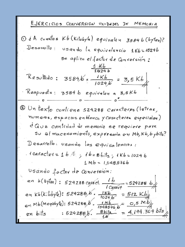 Ejercicios Conversion Unidades de Memoria | PDF