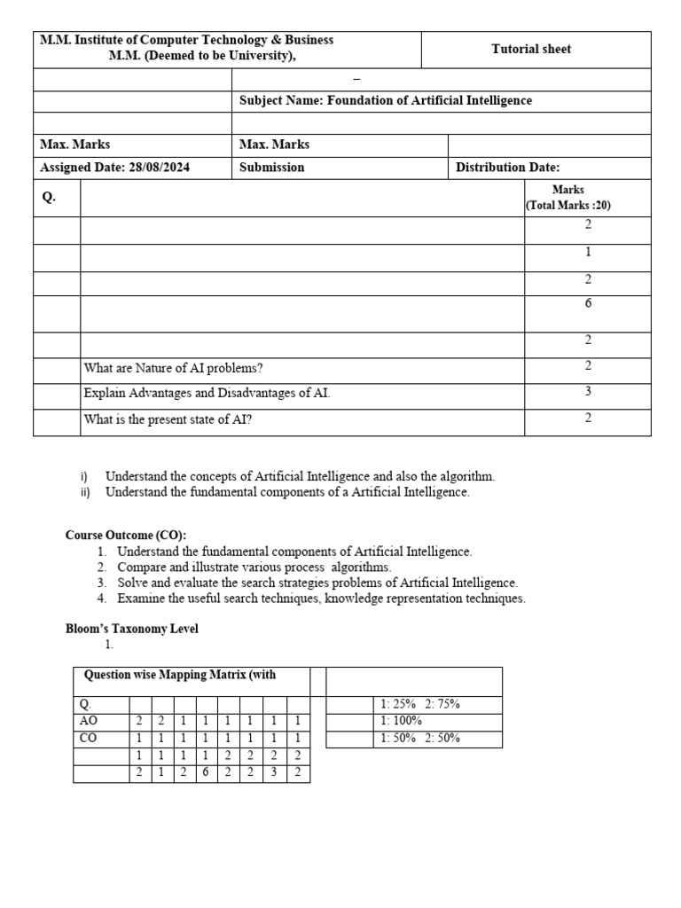 AI Foundations Tutorial Sheet 2024 | PDF | Artificial Intelligence ...