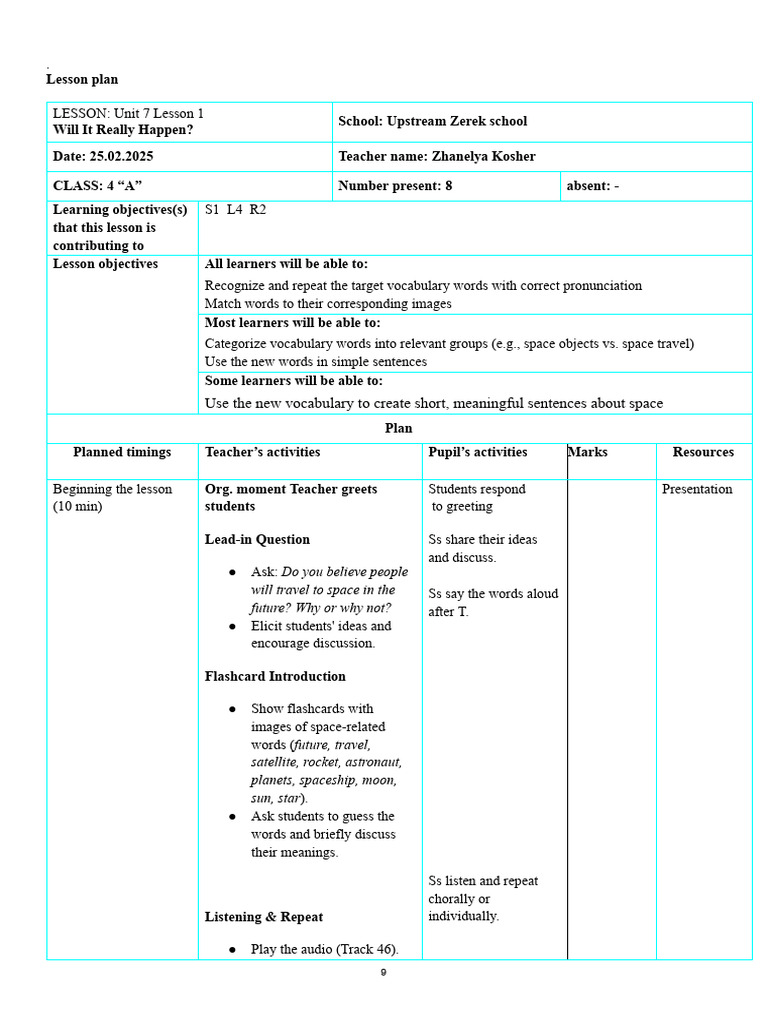 Space Travel Lesson Plan for Kids | PDF | Cognition | Human Communication