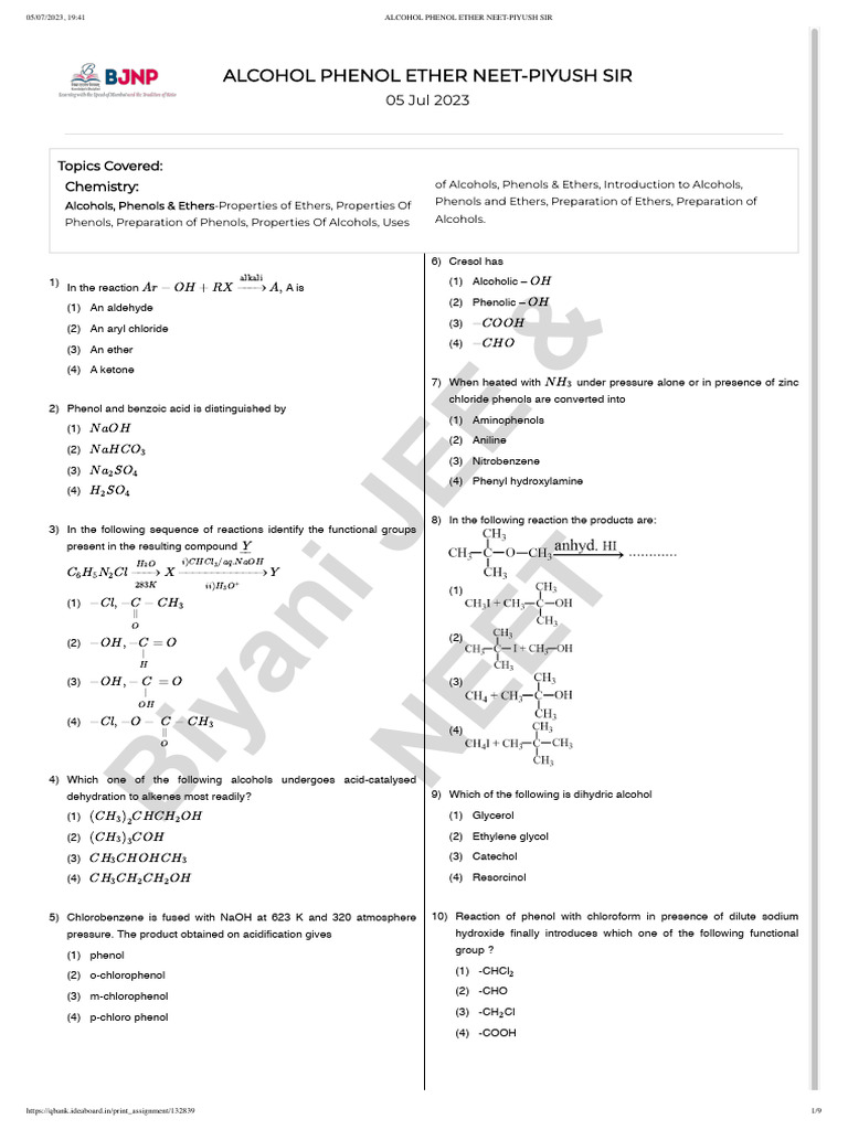 Alcohol Phenol Ether Neet | PDF | Ether | Ethanol