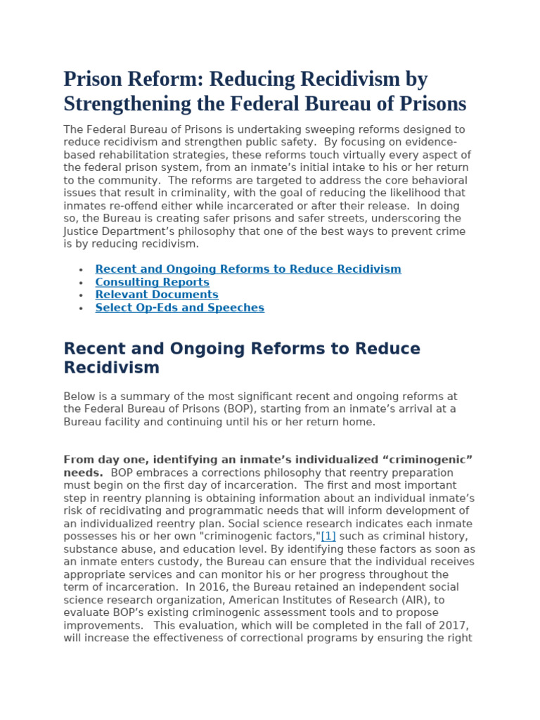 Federal Prison Reform to Cut Recidivism | PDF | Federal Bureau Of ...