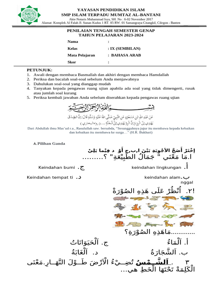 Soal Ujian Bahasa Arab Kelas IX | PDF
