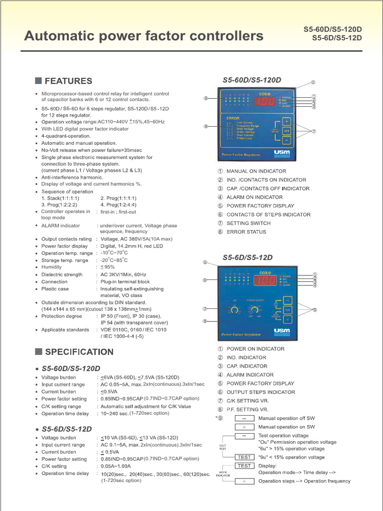 Automatic Power Factor Controllers: S5-60D/S5-120D S5-6D/S5-12D | PDF