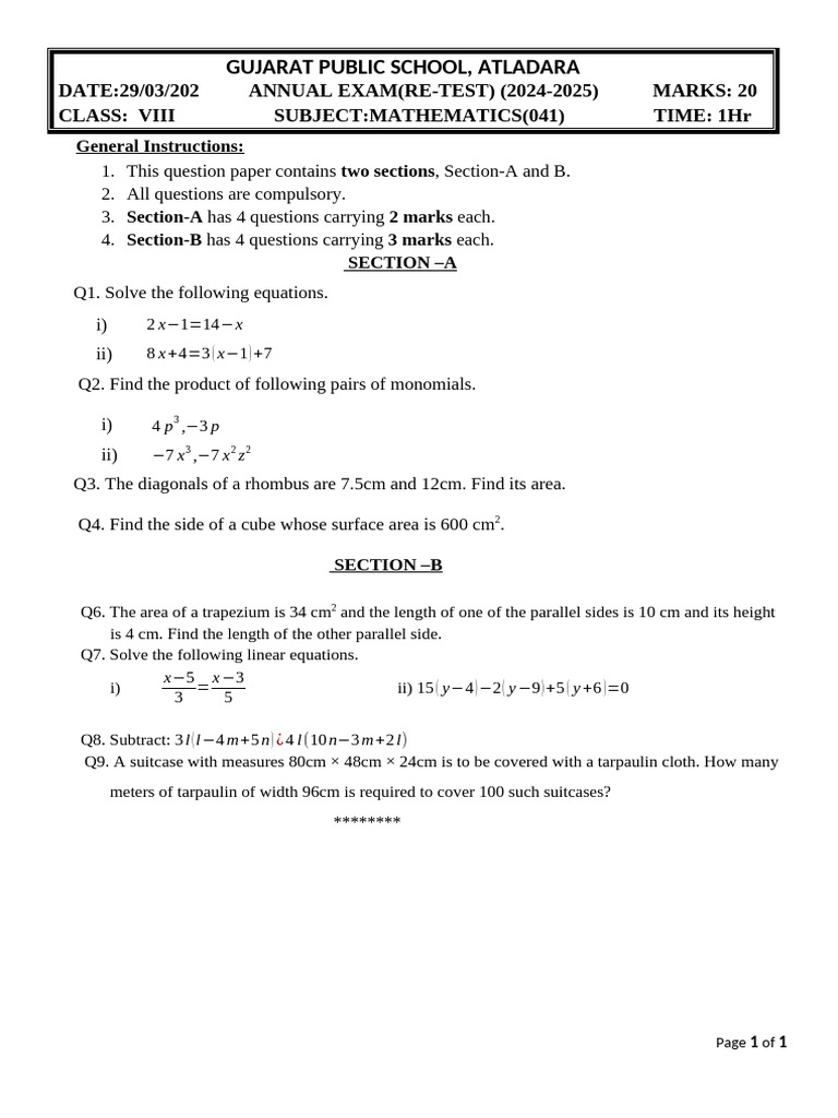 Class 8 Maths Annual Exam Paper 2025 | PDF