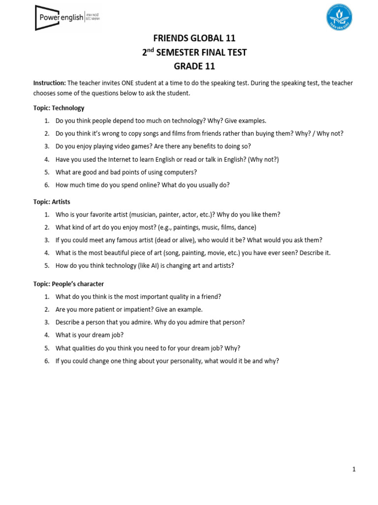 Grade 11 Speaking Test Questions | PDF