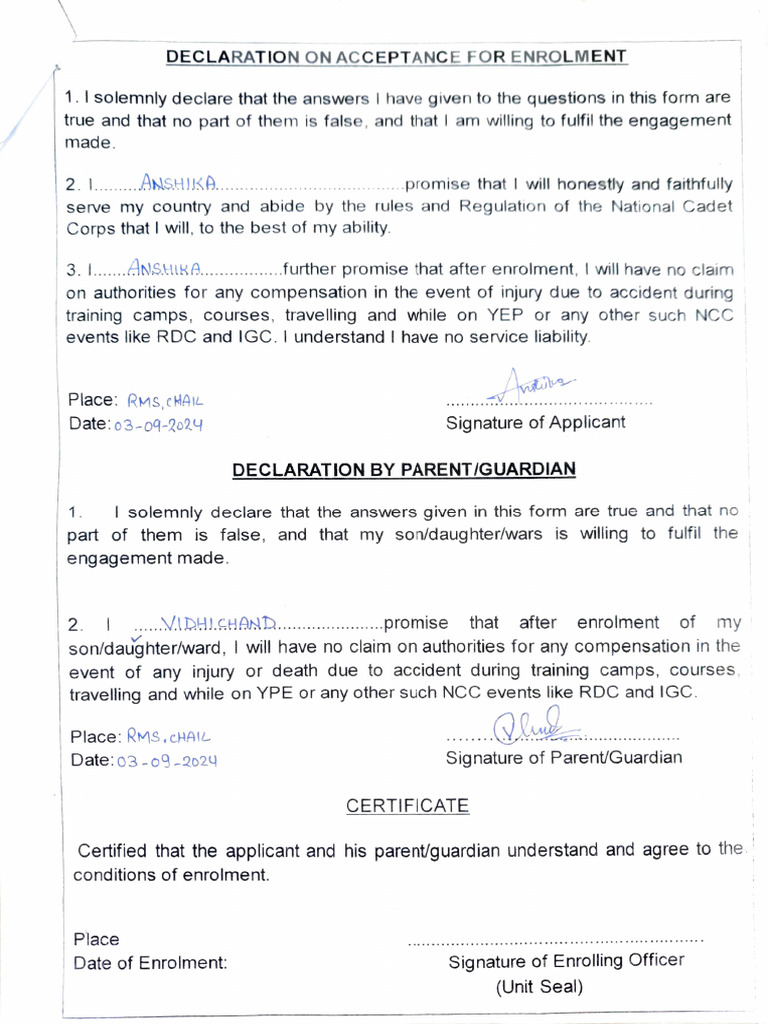 NCC Enrolment Declaration Form | PDF