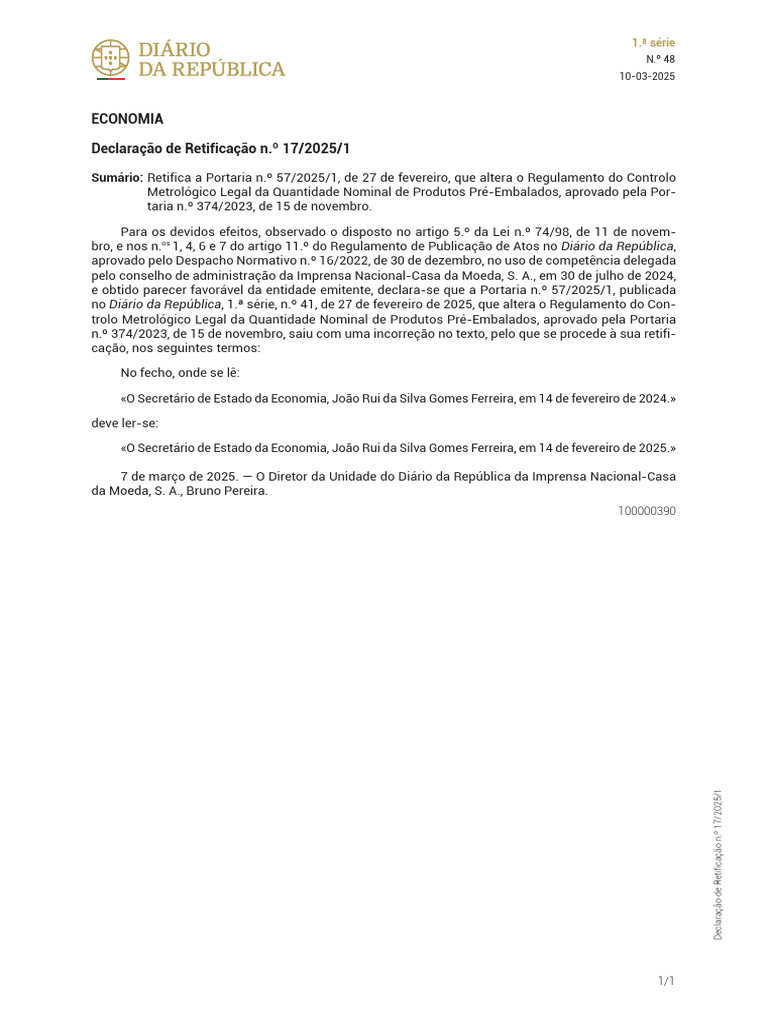 Declaração de Retificação N.º 17.2025-1 | PDF