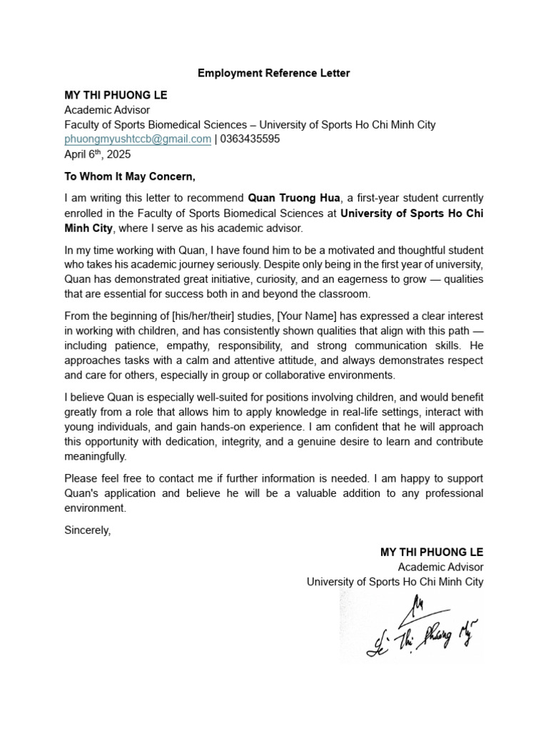 Employment Reference for Quan Truong Hua | PDF