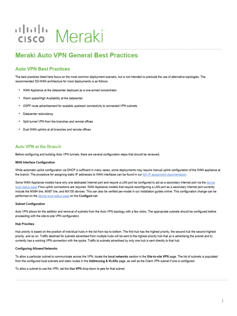Meraki Auto VPN Best Practices Guide | PDF | Ip Address | Virtual ...